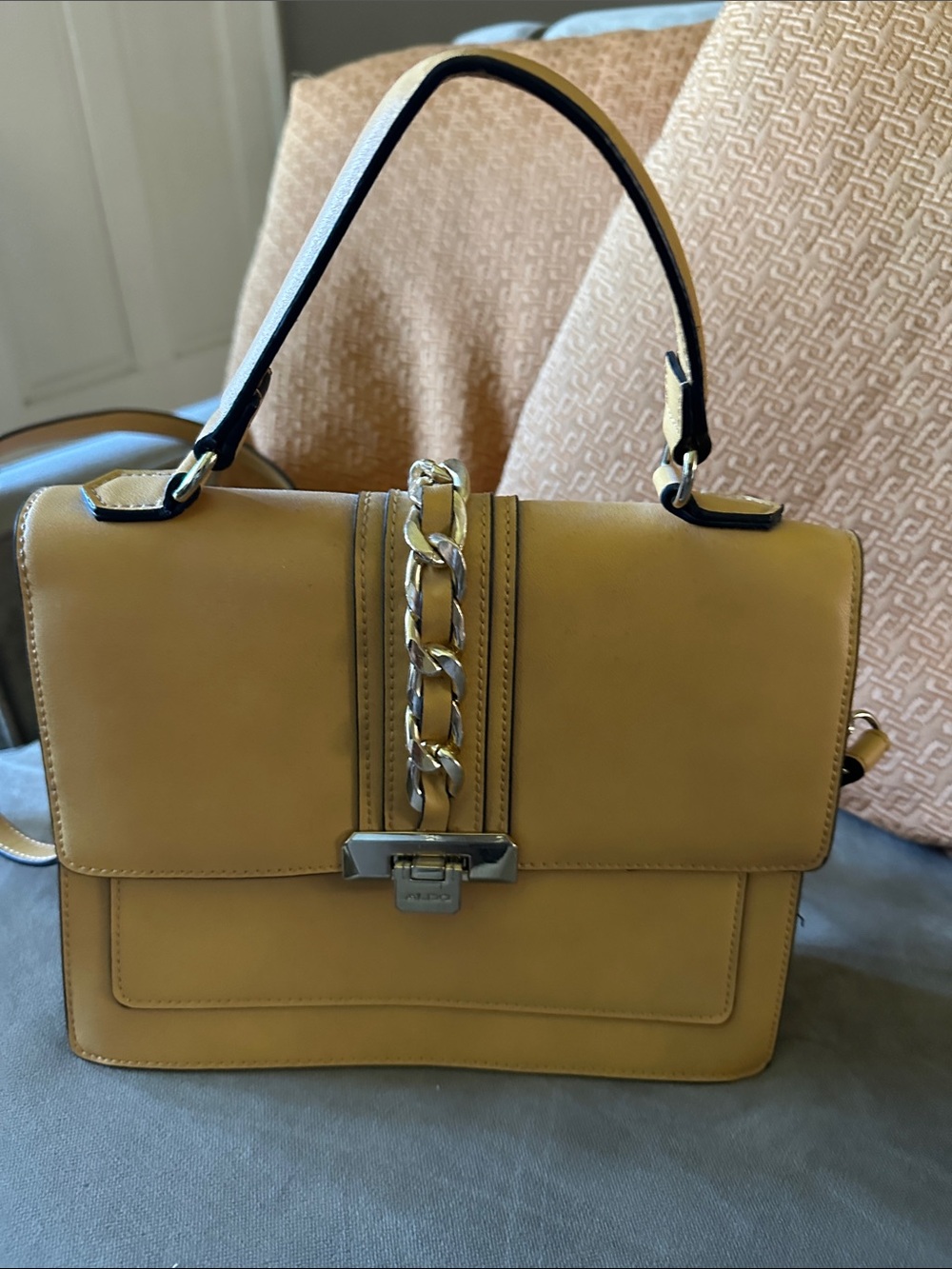 Aldo Mustard Top-Handle Satchel with Chain Accent